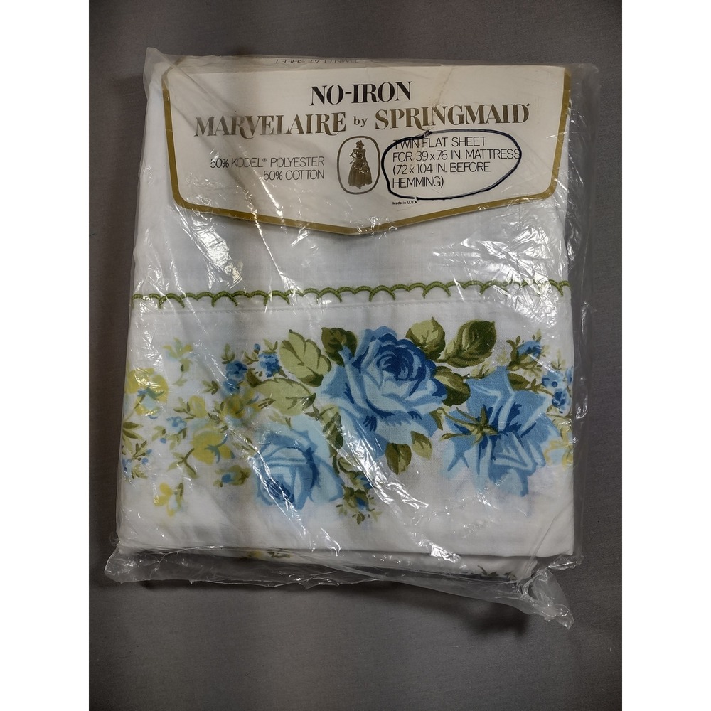 Vtg Sealed Marvelaire by Springmaid Twin Flat Sheet Blue Rose Floral No-Iron